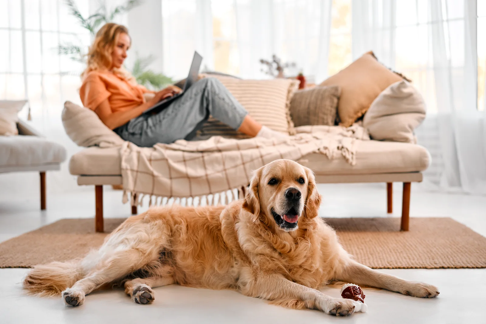 A woman at home with a dog resting beside the sofa