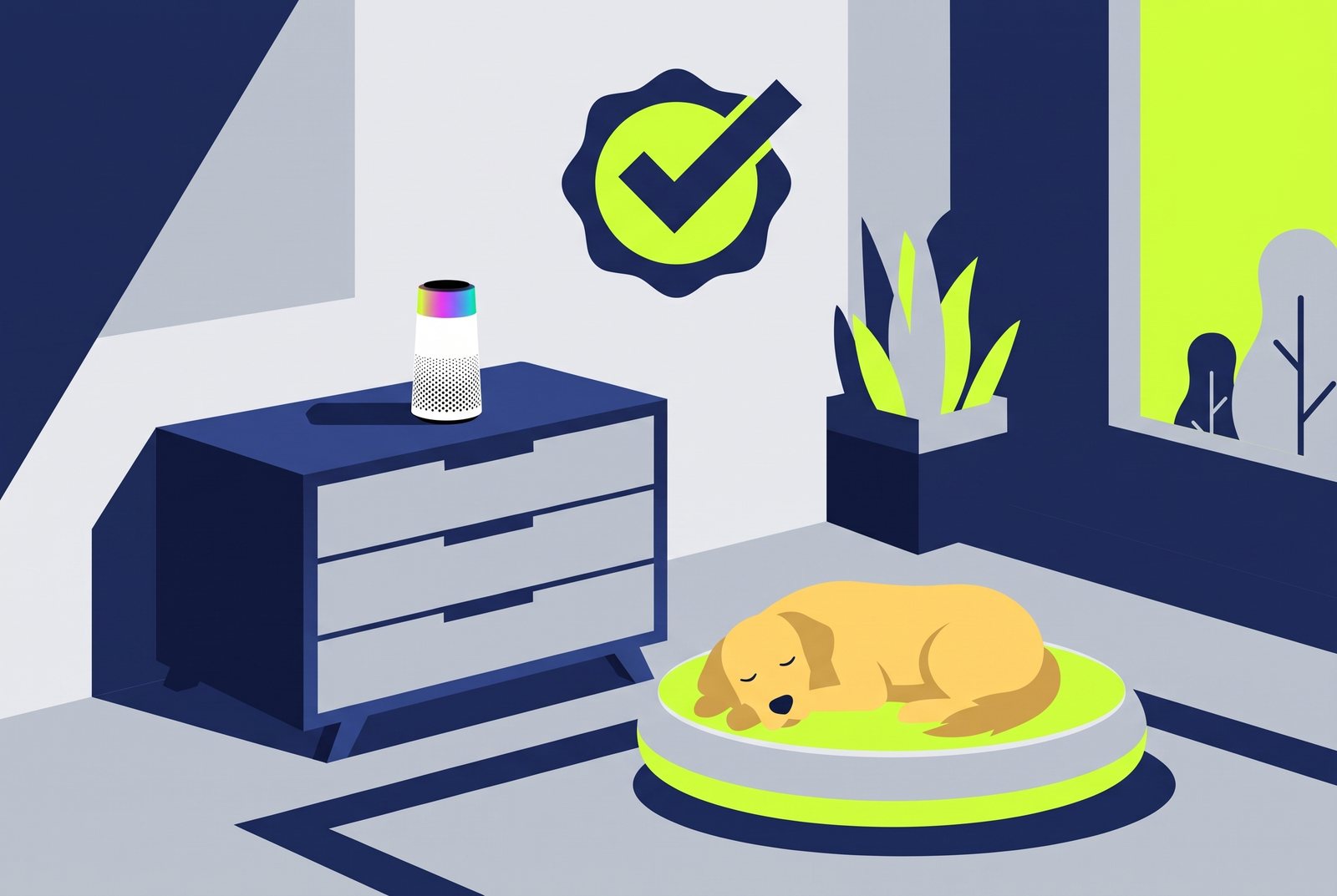 Navy and lime vector illustration of the purifier on a dresser above a sleeping golden retriever, with a checkmark badge.