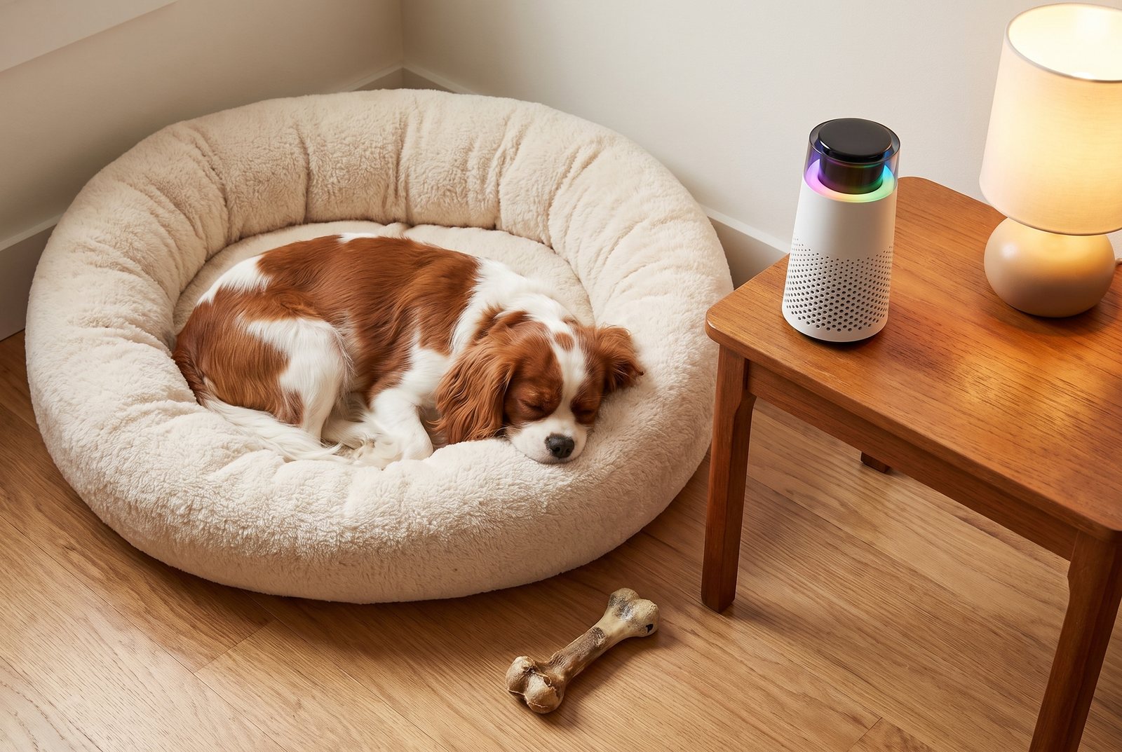 A cavalier spaniel asleep in a plush round dog bed beside an end table holding the Puppy Kind purifier and a small lamp.