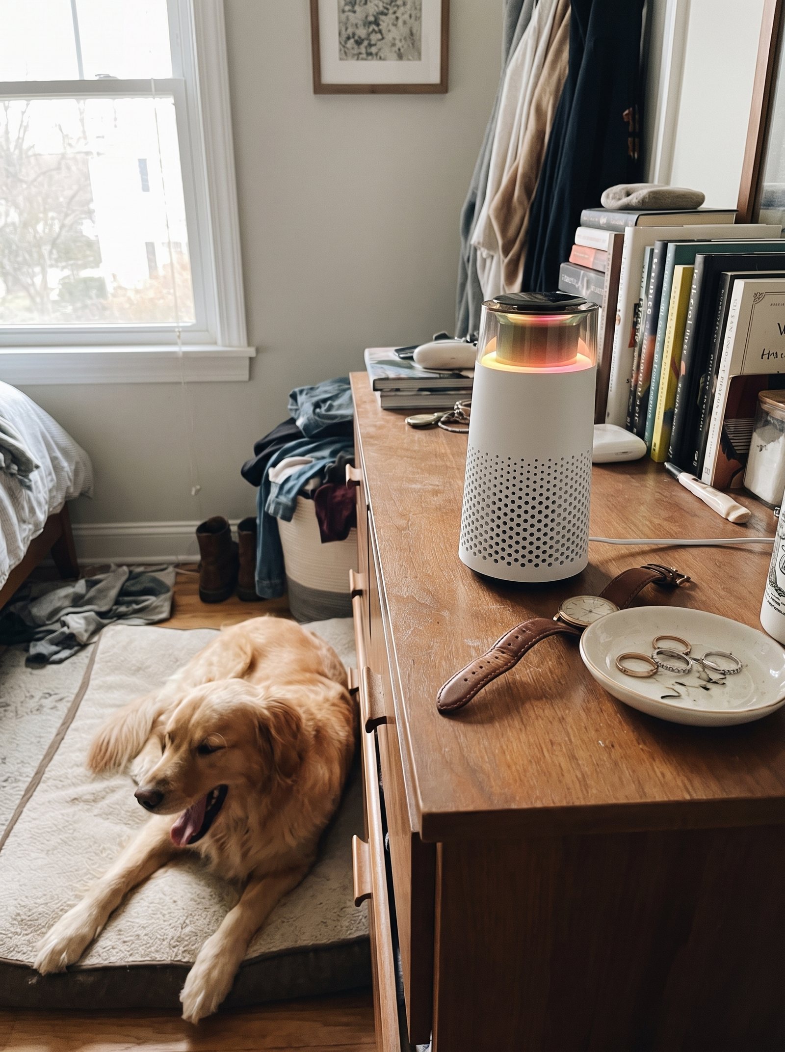 The Puppy Kind purifier on a wooden dresser in morning light beside a watch and a ring dish, with a golden retriever on its bed below.