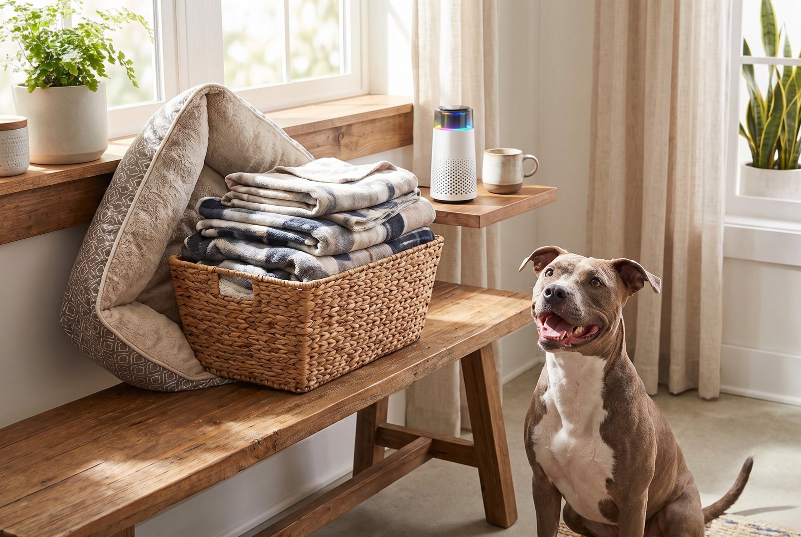 A laundry basket with a folded dog bed cover on a bench, a smiling pit bull mix watching, and the Puppy Kind purifier on the windowsill shelf behind.