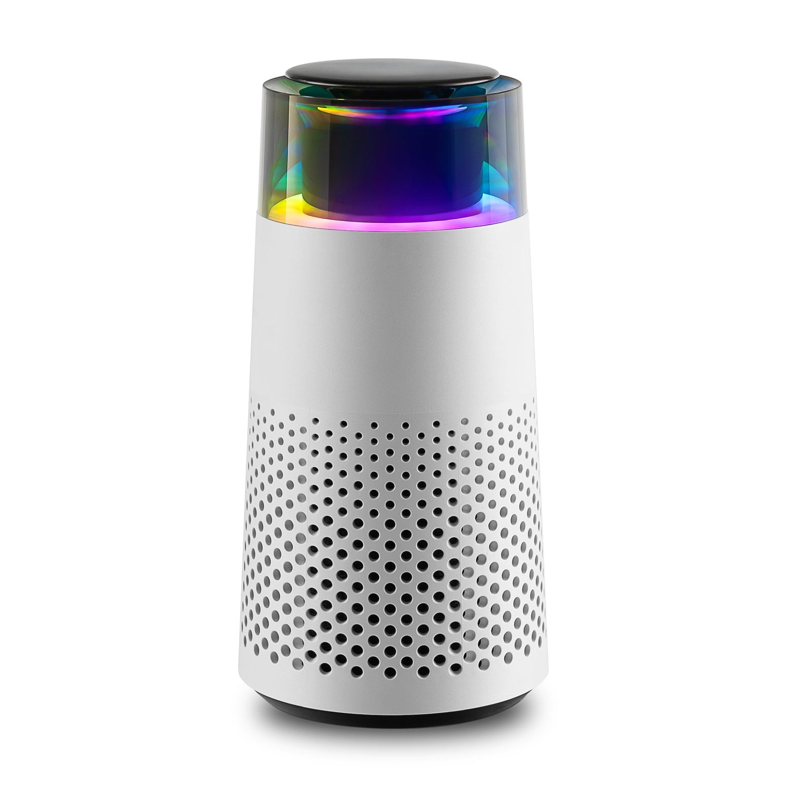 The Puppy Kind Pet Air Purifier: a small white tapered body with a perforated lower half and a softly glowing rainbow top ring.
