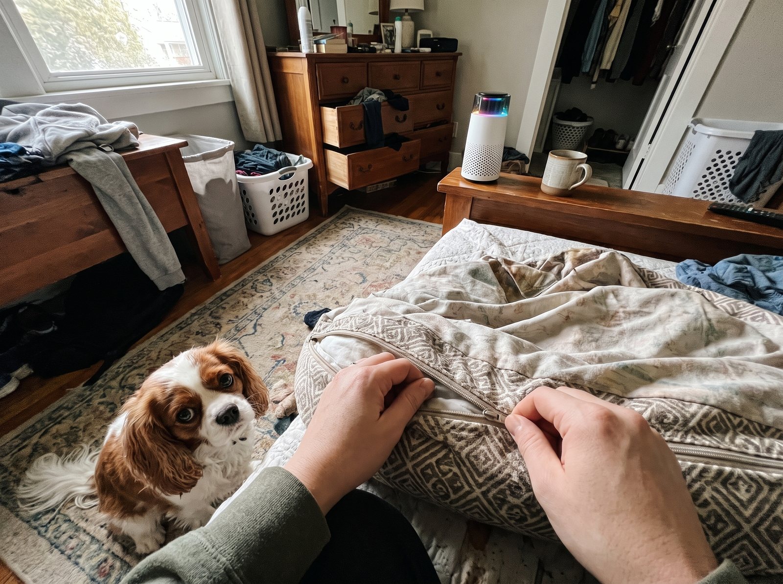 Hands unzipping a dog bed cover on a bedroom rug while a cavalier spaniel watches, the Puppy Kind purifier on the dresser behind.