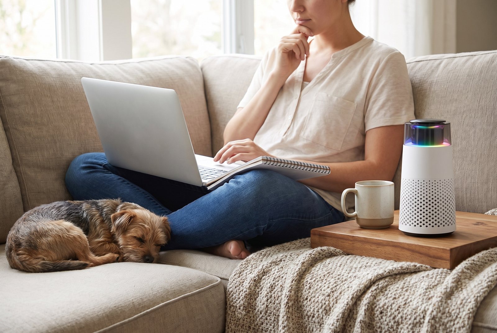 A person on a sofa comparing options on a laptop with a notepad, a terrier curled beside them and the Puppy Kind purifier on the side table.