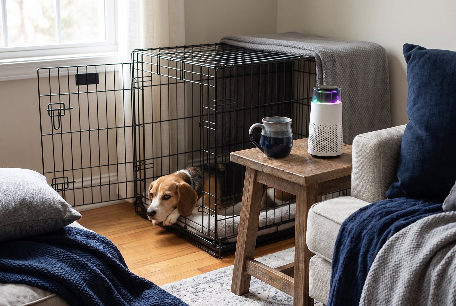 A beagle lying in the doorway of a wire crate beside a small wooden crate-side table holding the Puppy Kind purifier.