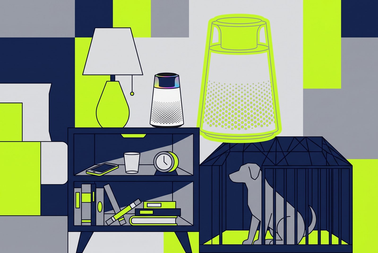 Navy and lime vector illustration of a crowded nightstand next to a crate where only the small purifier fits.