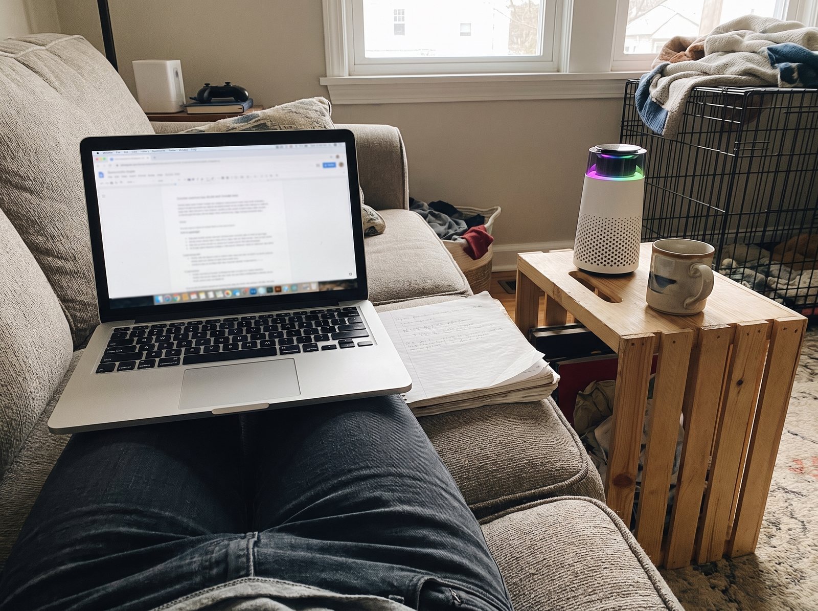 A laptop on the lap on a sofa, with the Puppy Kind purifier on a wooden crate-side table beside a dog crate.
