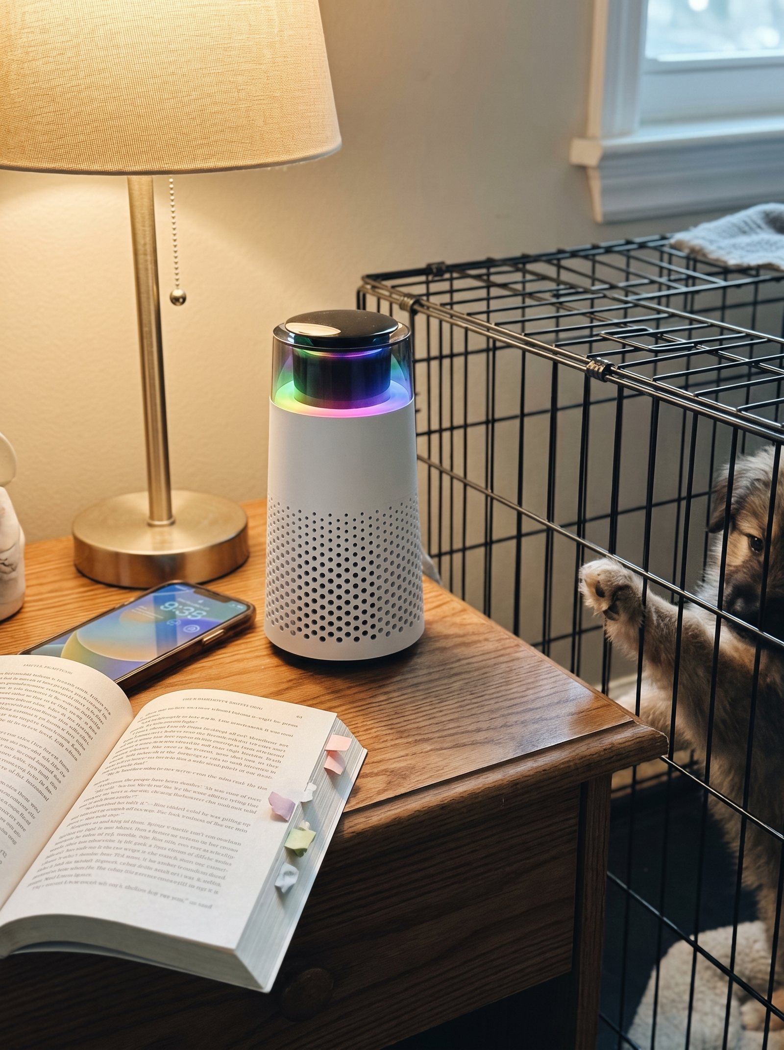 The Puppy Kind purifier on a small nightstand beside a lamp, phone and book, with a puppy's paw poking out of the crate next to it.