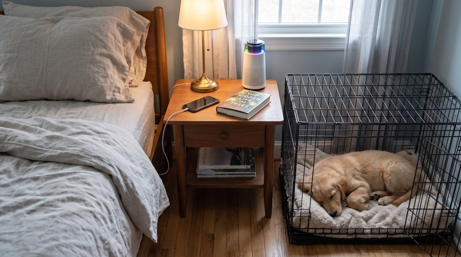 A small bedroom nightstand holding a lamp, phone, book and the Puppy Kind purifier, next to a crate with a sleepy puppy.