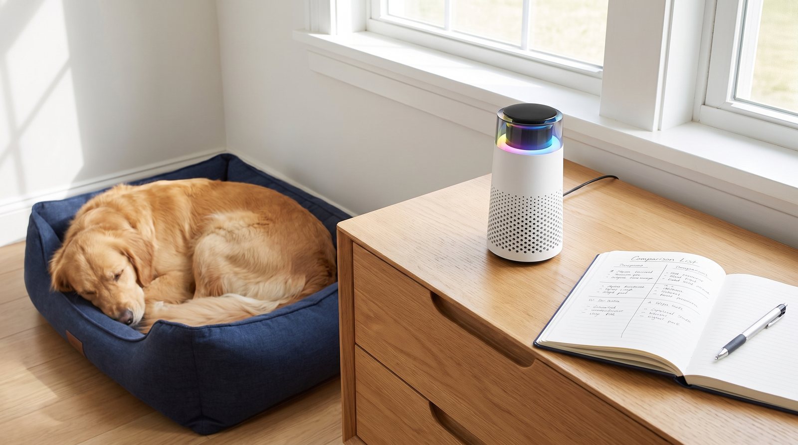The small Puppy Kind purifier on a bedroom dresser a few feet from a navy dog bed with a sleeping golden retriever, a notebook and pen beside it.