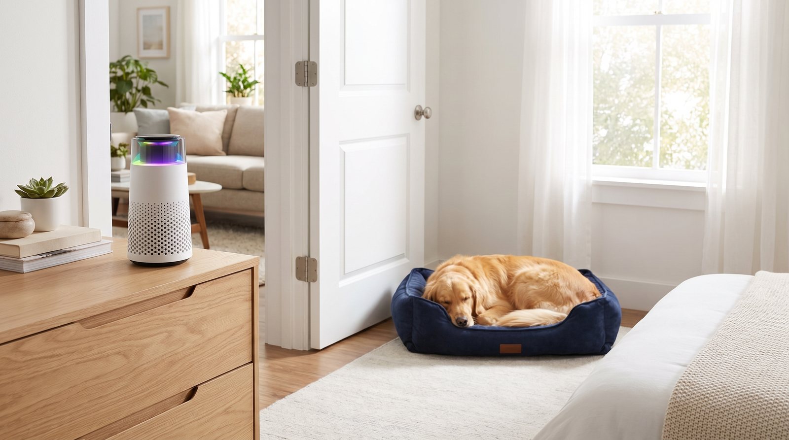 The Puppy Kind purifier on a bedroom dresser near a sleeping golden retriever, a living room visible through the doorway.