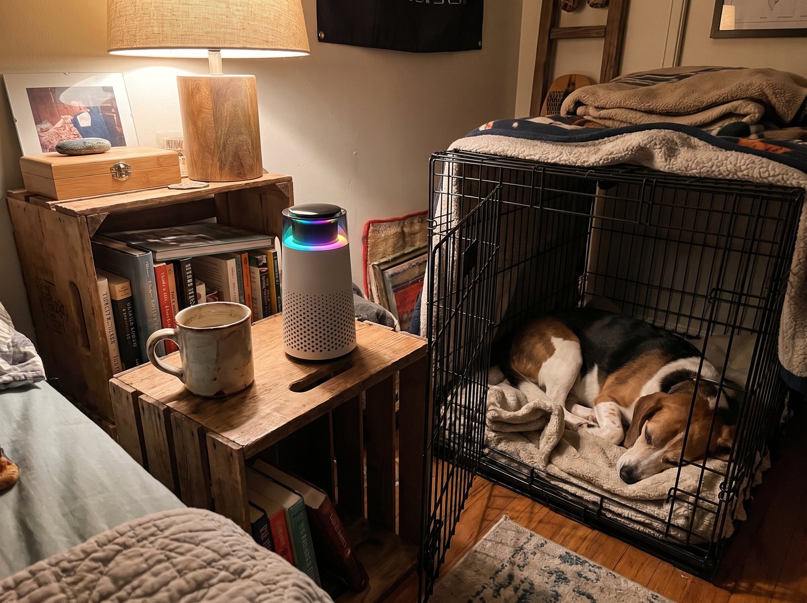 The Puppy Kind purifier on a crate-side table next to a wire crate with a sleeping beagle.
