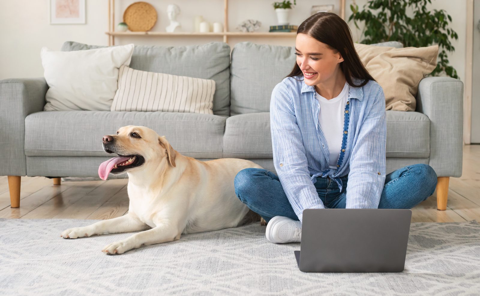 A woman sits cross-legged on a living room rug with a laptop while her yellow Labrador lies beside her